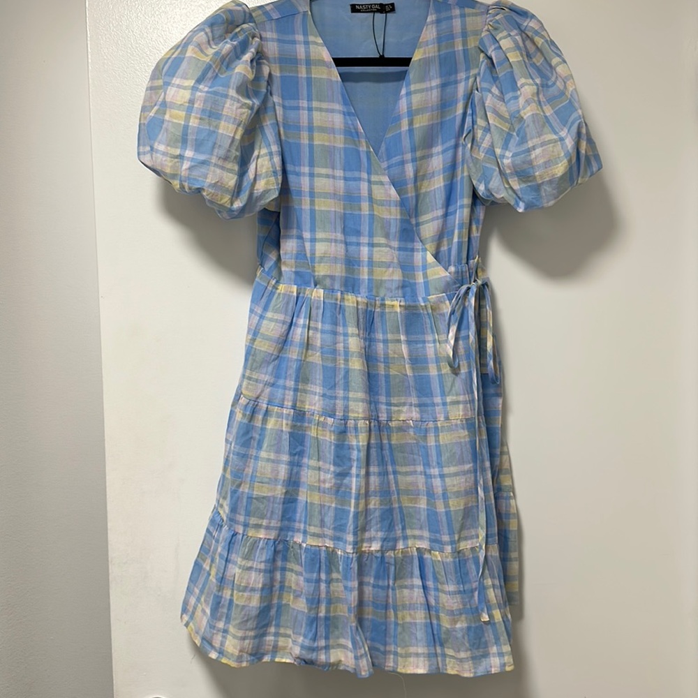 Nasty Gal Plaid Puff Sleeve Wrap Dress